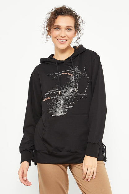 Black Mixed Print Side Pleated Women's Oversize Sweatshirt - 97170