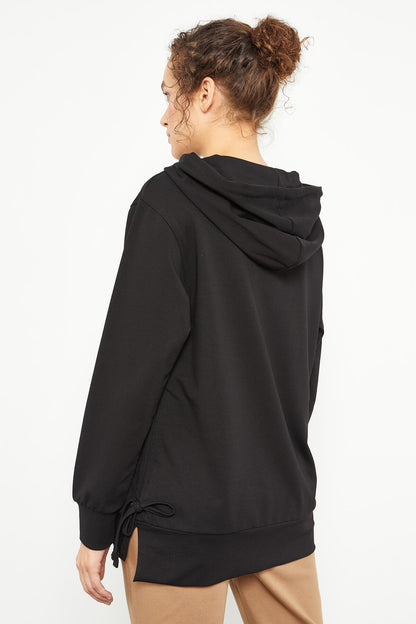 Black Mixed Print Side Pleated Women's Oversize Sweatshirt - 97170