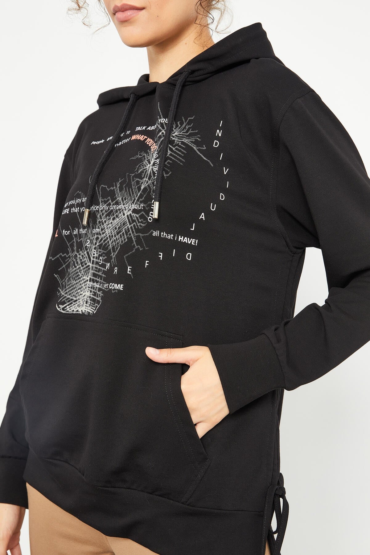 Black Mixed Print Side Pleated Women's Oversize Sweatshirt - 97170