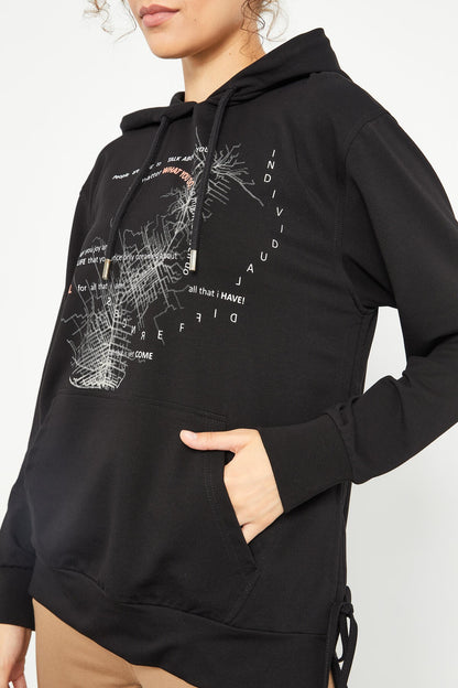 Black Mixed Print Side Pleated Women's Oversize Sweatshirt - 97170