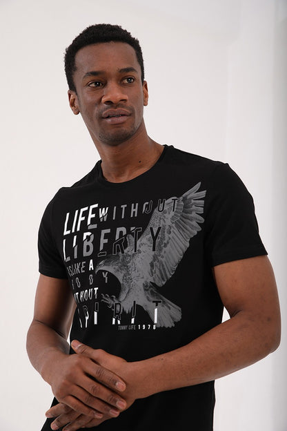 Black Eagle Print Standard Fit O Collar Men's T-Shirt - 87932