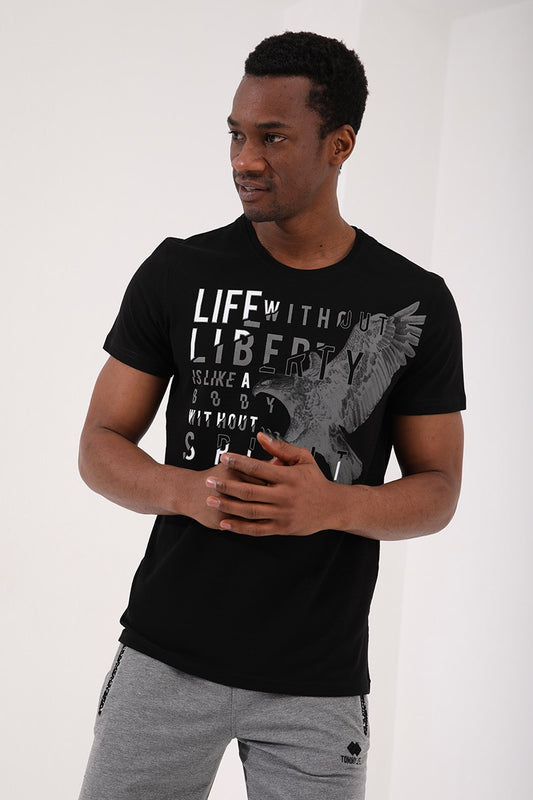 Black Eagle Print Standard Fit O Collar Men's T-Shirt - 87932