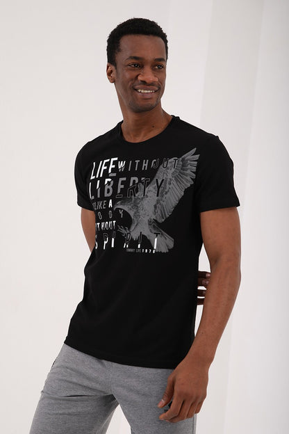 Black Eagle Print Standard Fit O Collar Men's T-Shirt - 87932