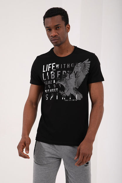 Black Eagle Print Standard Fit O Collar Men's T-Shirt - 87932