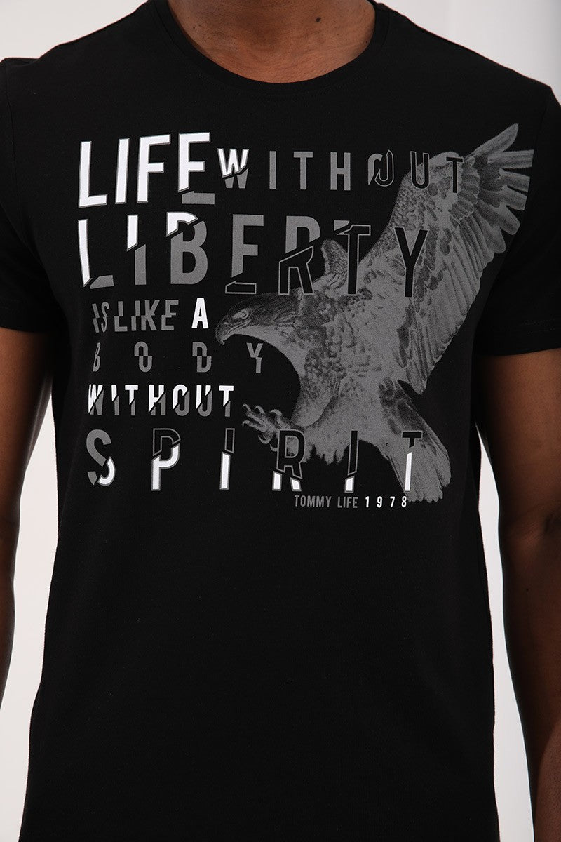 Black Eagle Print Standard Fit O Collar Men's T-Shirt - 87932