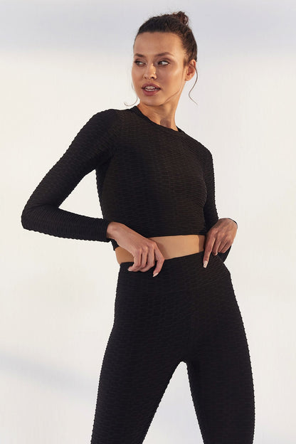 Black Self-Patterned O Collar Long Sleeve Women's Crop Top T-Shirt - 97153