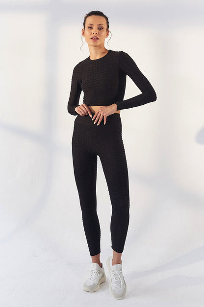 Black Self-Patterned O Collar Long Sleeve Women's Crop Top T-Shirt - 97153