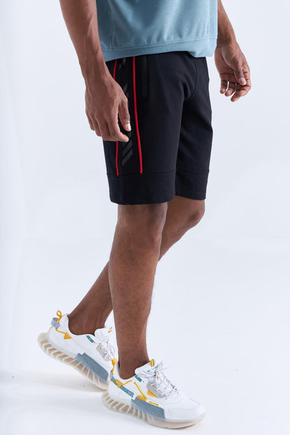 Black - Red Side Striped Standard Fit Men's Shorts - 81148