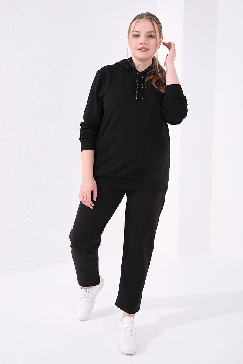 Black Classic Stone Detailed Women's Plus Size Tracksuit Bottom - 94040