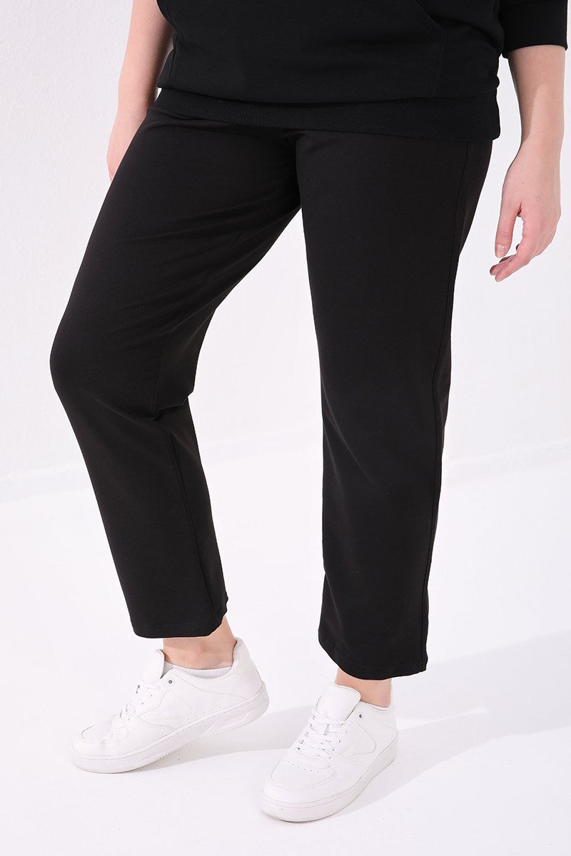 Black Classic Stone Detailed Women's Plus Size Tracksuit Bottom - 94040