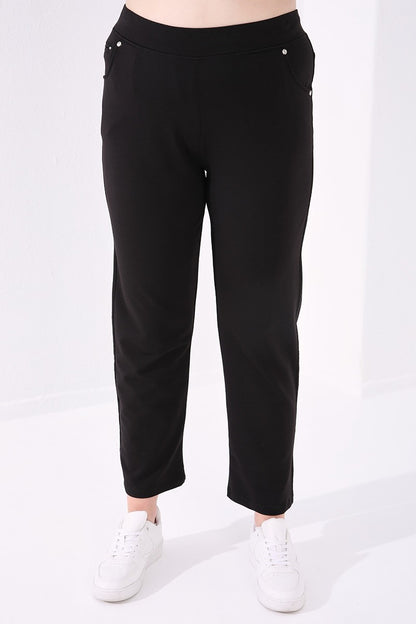 Black Classic Stone Detailed Women's Plus Size Tracksuit Bottom - 94040