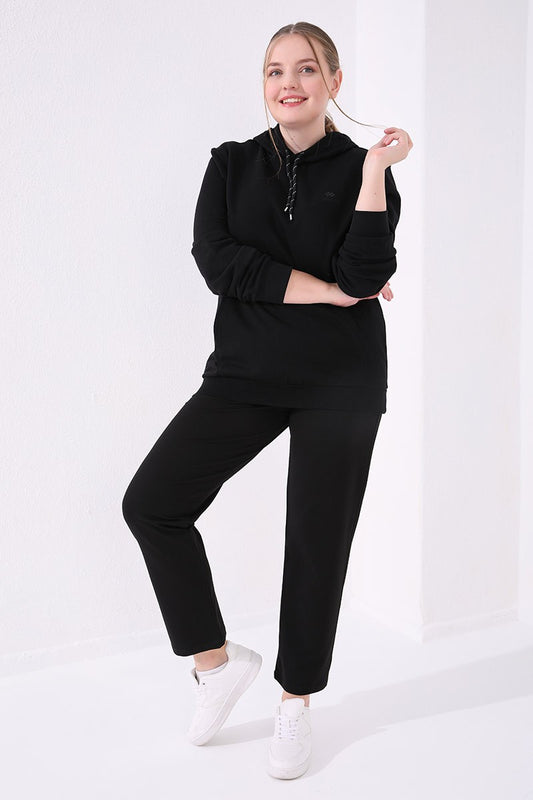 Black Classic Stone Detailed Women's Plus Size Tracksuit Bottom - 94040