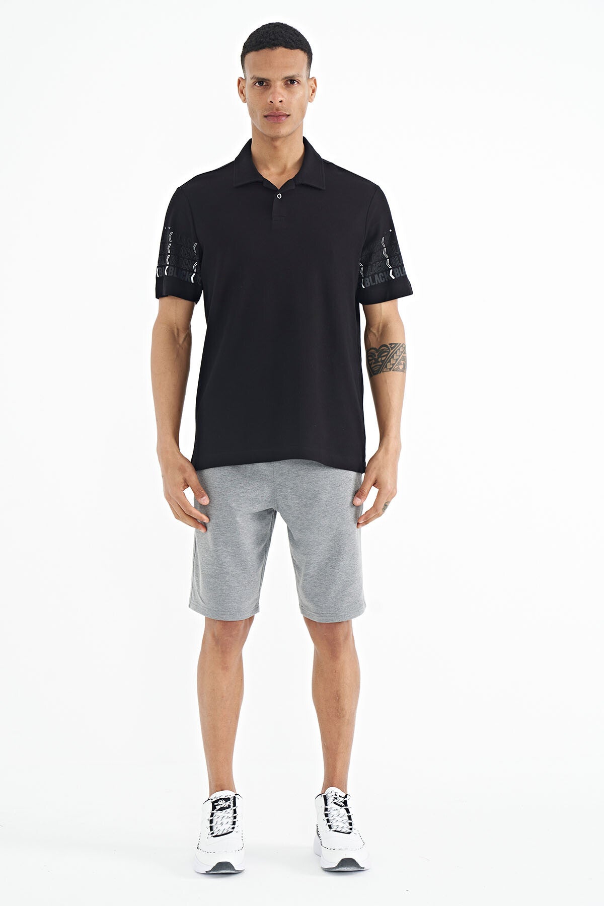 Black Arm Printed Detailed Polo Collar Standard Fit Men's T-shirt - 88240
