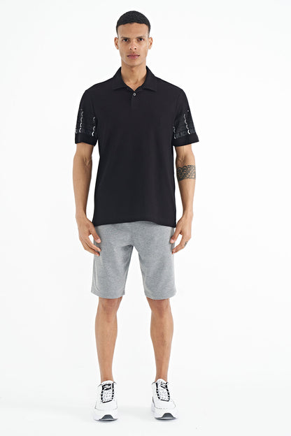 Black Arm Printed Detailed Polo Collar Standard Fit Men's T-shirt - 88240