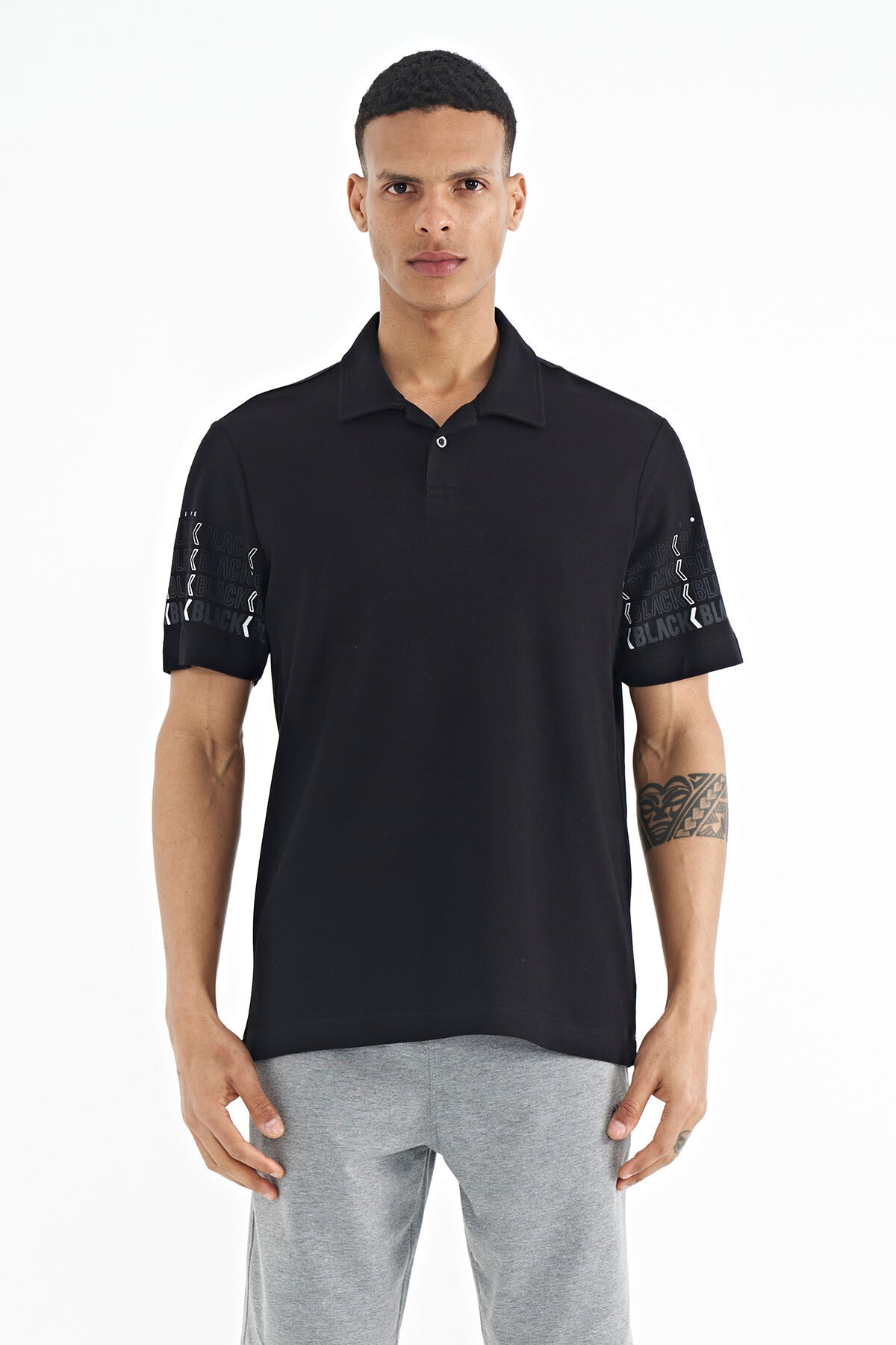 Black Arm Printed Detailed Polo Collar Standard Fit Men's T-shirt - 88240