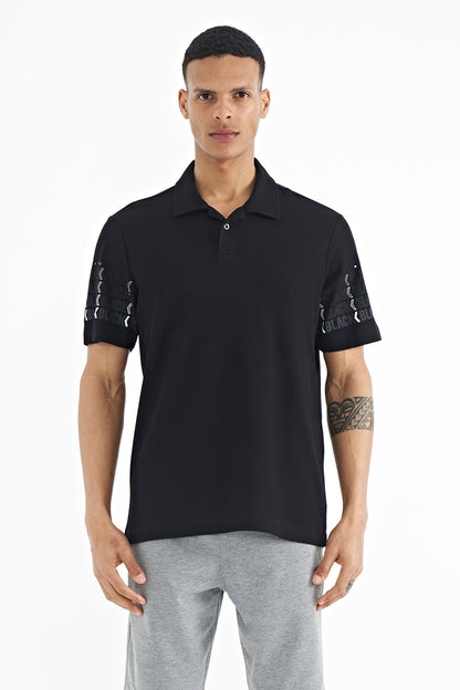 Black Arm Printed Detailed Polo Collar Standard Fit Men's T-shirt - 88240