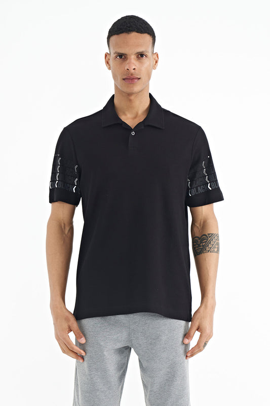 Black Arm Printed Detailed Polo Collar Standard Fit Men's T-shirt - 88240