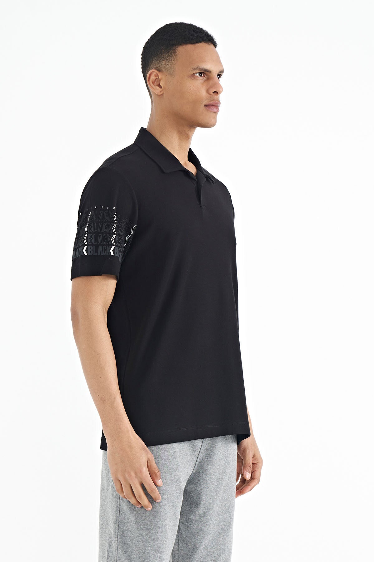 Black Arm Printed Detailed Polo Collar Standard Fit Men's T-shirt - 88240