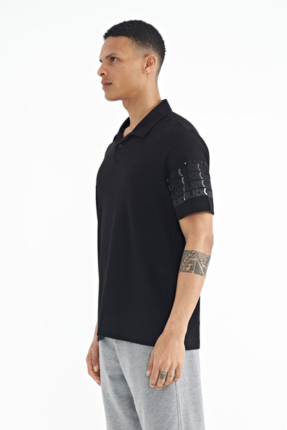 Black Arm Printed Detailed Polo Collar Standard Fit Men's T-shirt - 88240