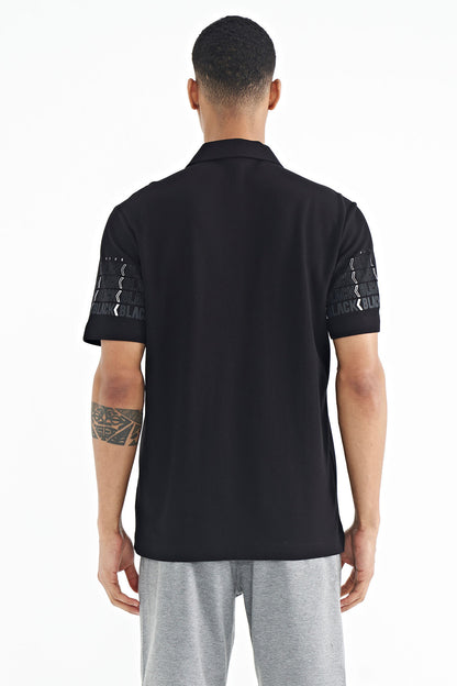 Black Arm Printed Detailed Polo Collar Standard Fit Men's T-shirt - 88240