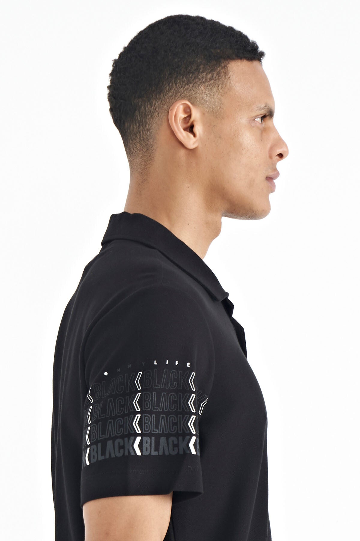 Black Arm Printed Detailed Polo Collar Standard Fit Men's T-shirt - 88240