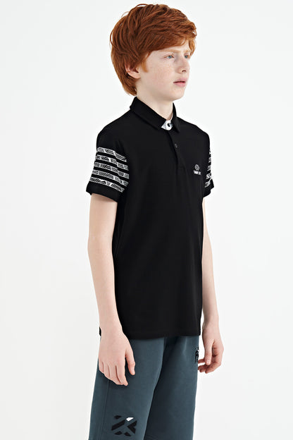 Black Printed Cuff Detailed Standard Mold Polo Collar Boys' T-Shirt - 11093