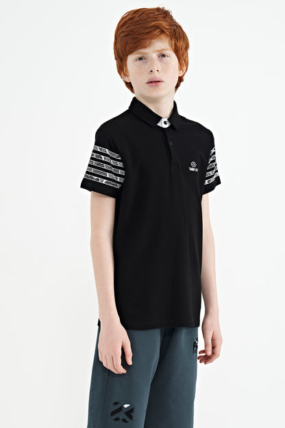 Black Printed Cuff Detailed Standard Mold Polo Collar Boys' T-Shirt - 11093