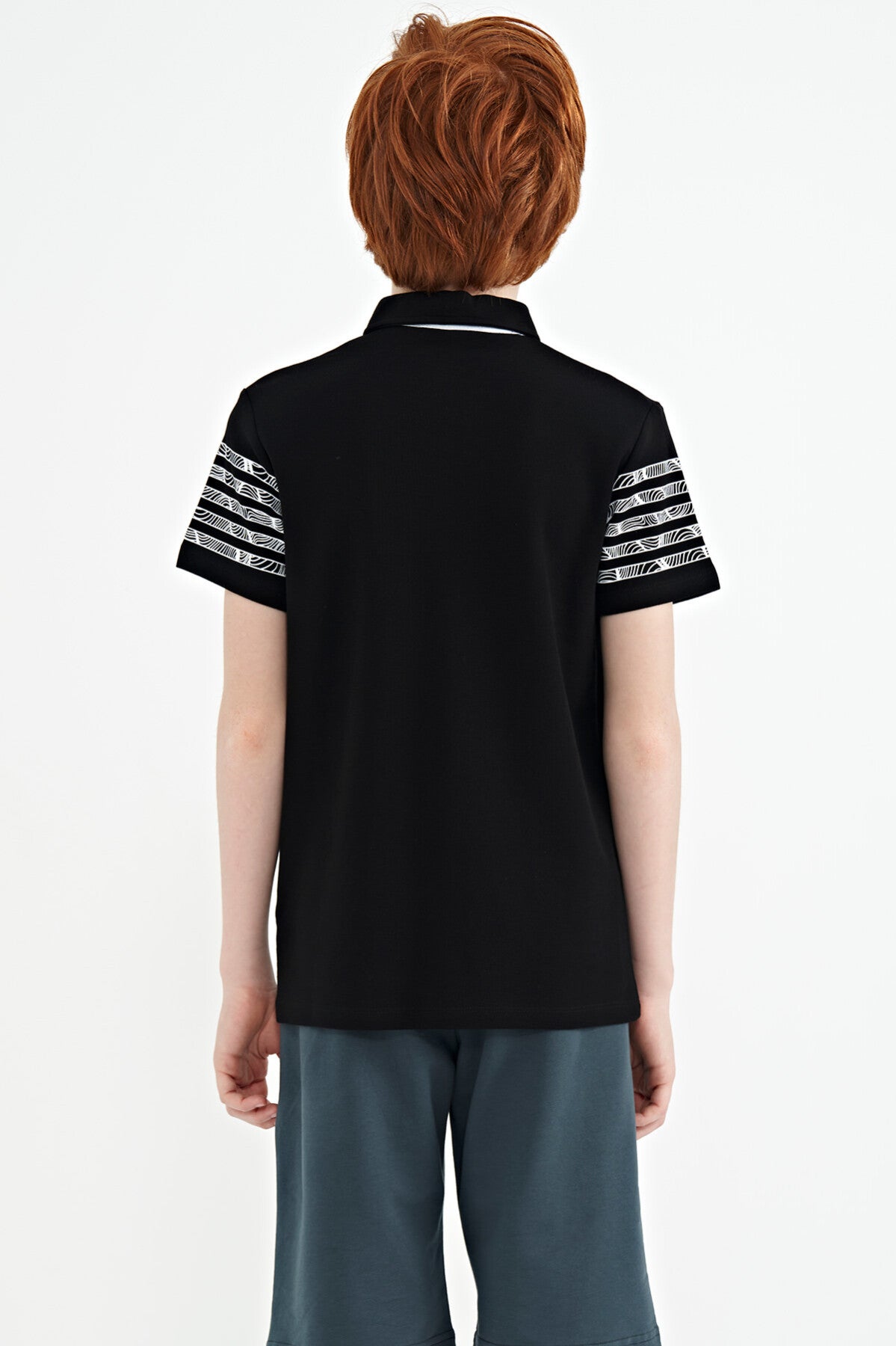 Black Printed Cuff Detailed Standard Mold Polo Collar Boys' T-Shirt - 11093