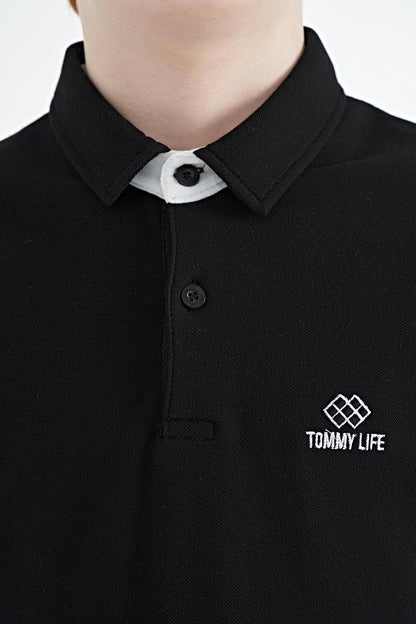 Black Printed Cuff Detailed Standard Mold Polo Collar Boys' T-Shirt - 11093
