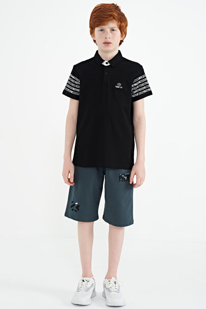 Black Printed Cuff Detailed Standard Mold Polo Collar Boys' T-Shirt - 11093