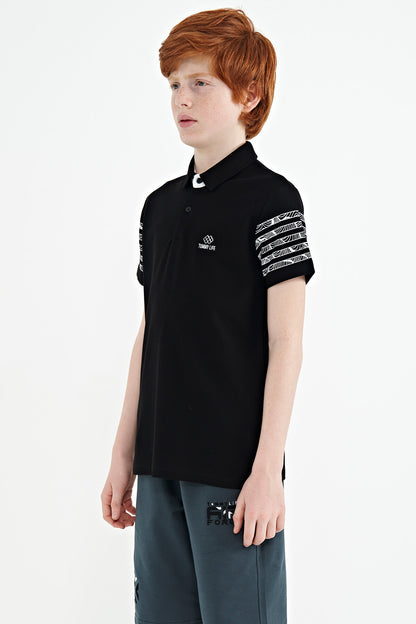 Black Printed Cuff Detailed Standard Mold Polo Collar Boys' T-Shirt - 11093
