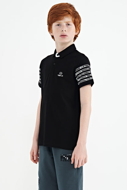Black Printed Cuff Detailed Standard Mold Polo Collar Boys' T-Shirt - 11093