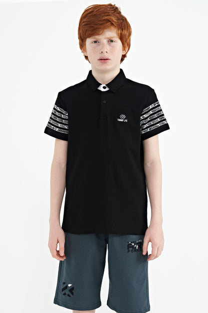 Black Printed Cuff Detailed Standard Mold Polo Collar Boys' T-Shirt - 11093