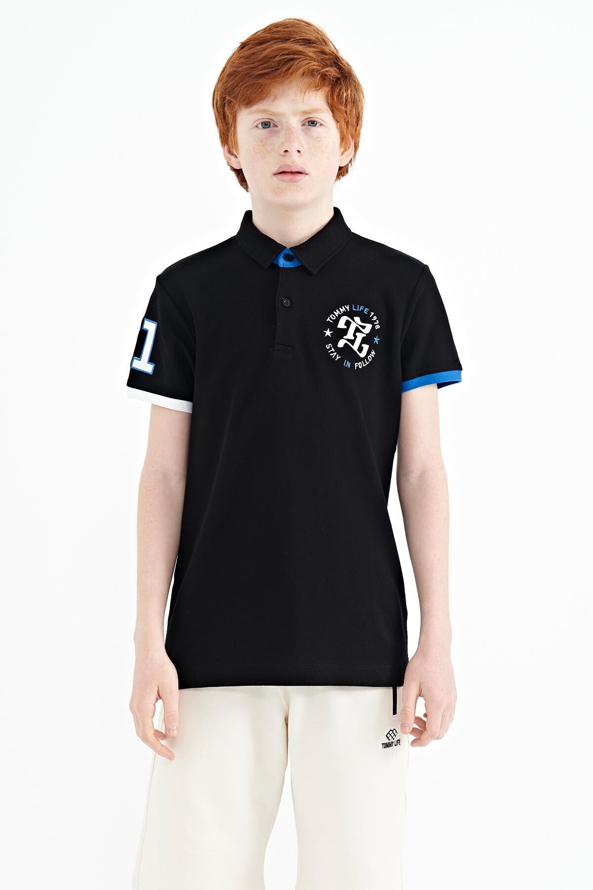Black Arm Chest Embroidered Standard Pattern Polo Collar Boys T-Shirt - 11086