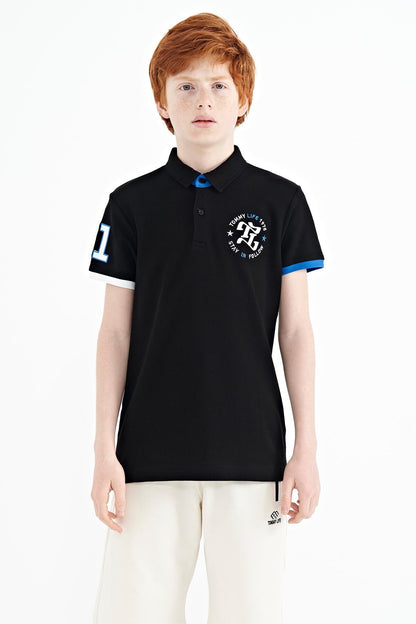 Black Arm Chest Embroidered Standard Pattern Polo Collar Boys T-Shirt - 11086