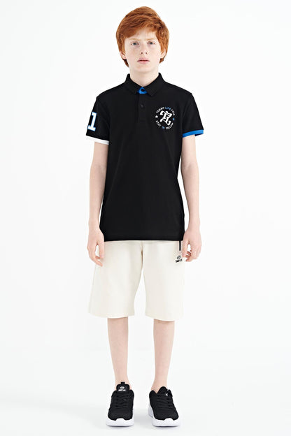 Black Arm Chest Embroidered Standard Pattern Polo Collar Boys T-Shirt - 11086