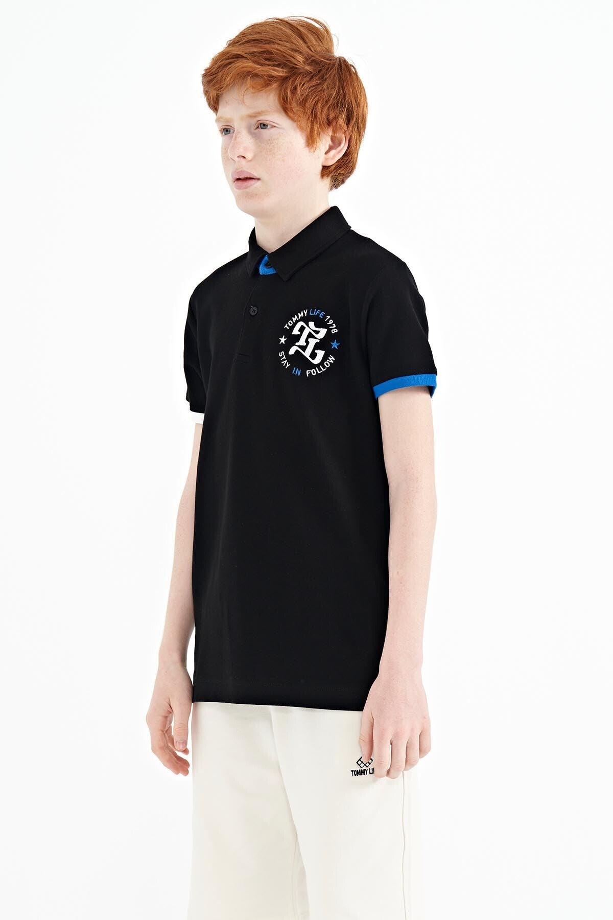 Black Arm Chest Embroidered Standard Pattern Polo Collar Boys T-Shirt - 11086