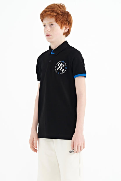 Black Arm Chest Embroidered Standard Pattern Polo Collar Boys T-Shirt - 11086