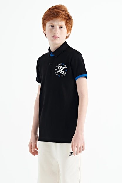 Black Arm Chest Embroidered Standard Pattern Polo Collar Boys T-Shirt - 11086