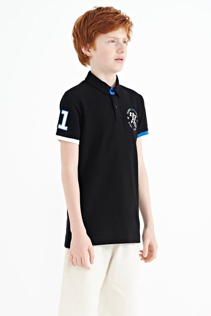 Black Arm Chest Embroidered Standard Pattern Polo Collar Boys T-Shirt - 11086