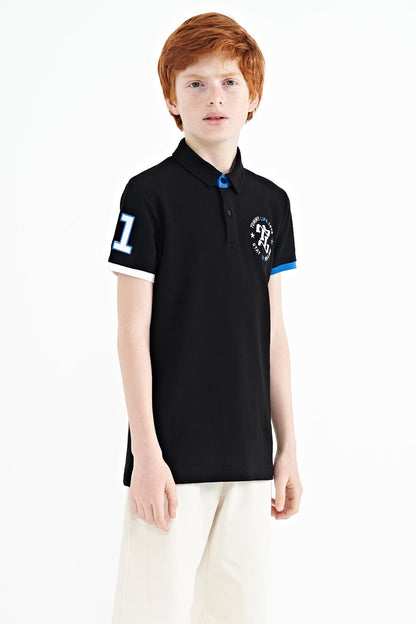 Black Arm Chest Embroidered Standard Pattern Polo Collar Boys T-Shirt - 11086
