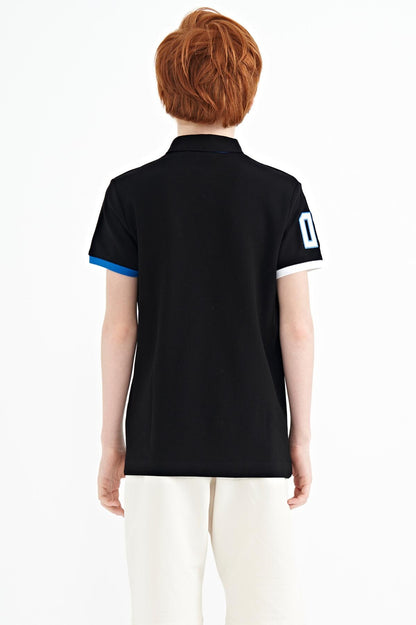 Black Arm Chest Embroidered Standard Pattern Polo Collar Boys T-Shirt - 11086
