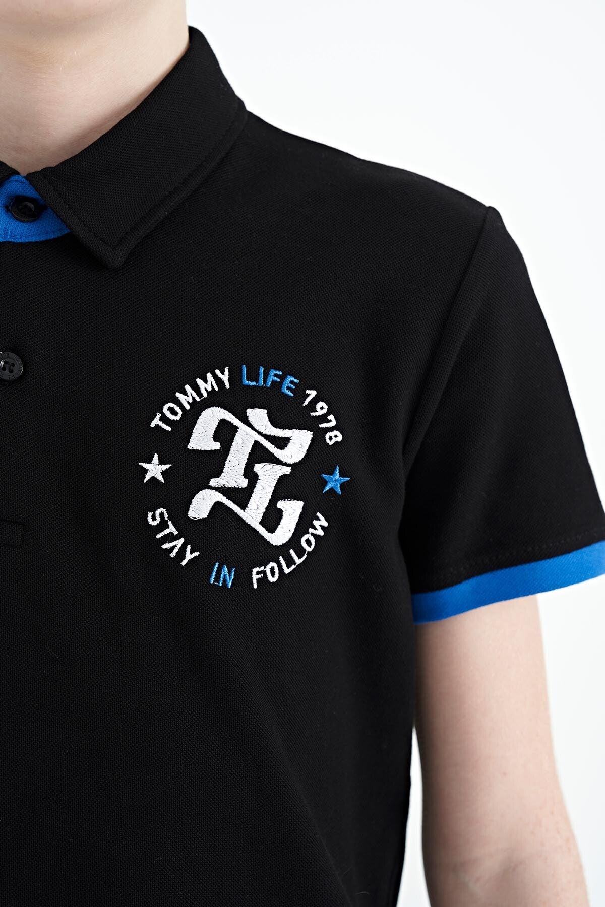 Black Arm Chest Embroidered Standard Pattern Polo Collar Boys T-Shirt - 11086