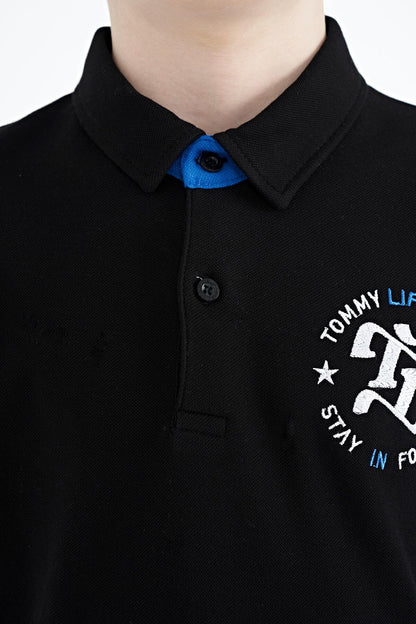 Black Arm Chest Embroidered Standard Pattern Polo Collar Boys T-Shirt - 11086