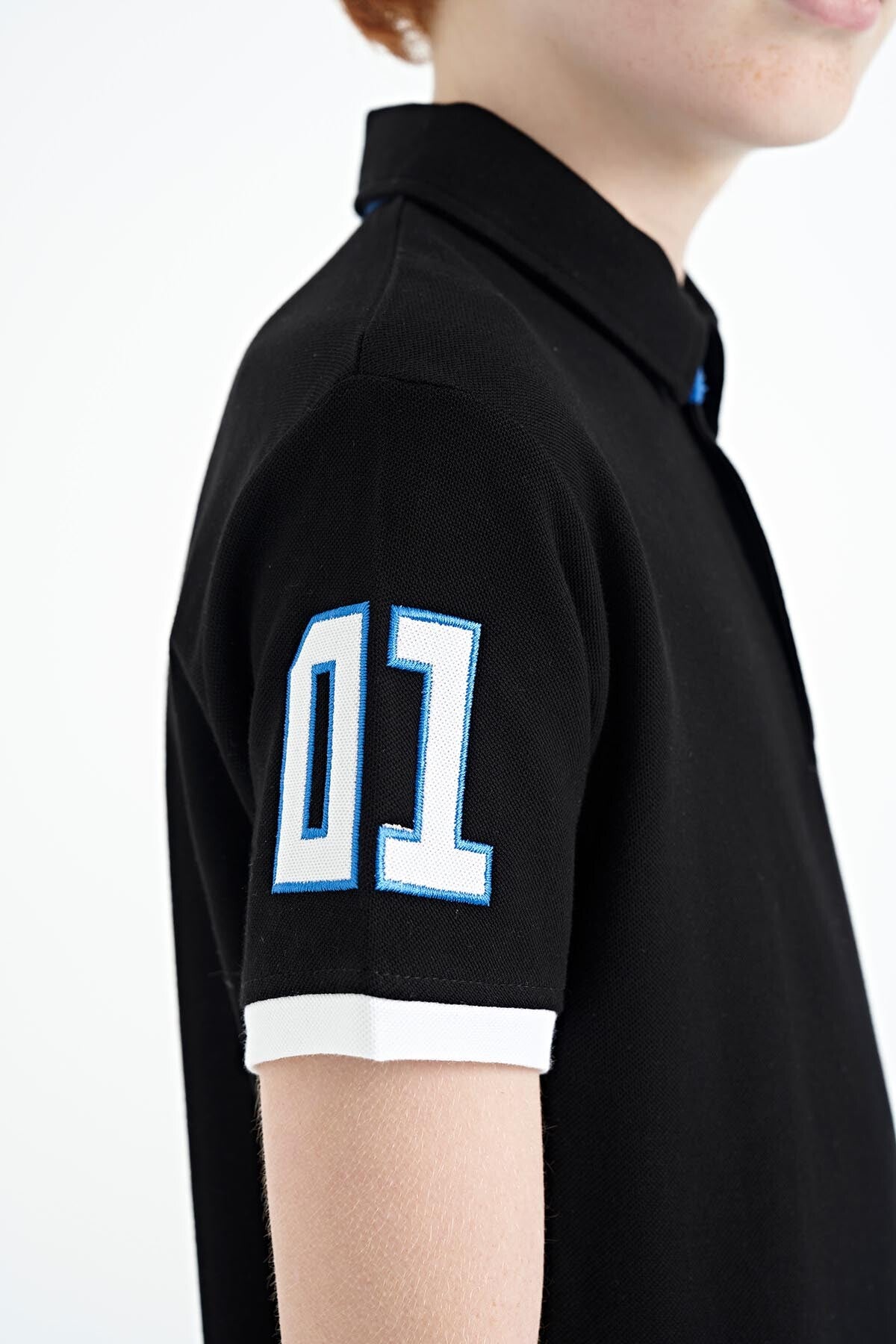 Black Arm Chest Embroidered Standard Pattern Polo Collar Boys T-Shirt - 11086