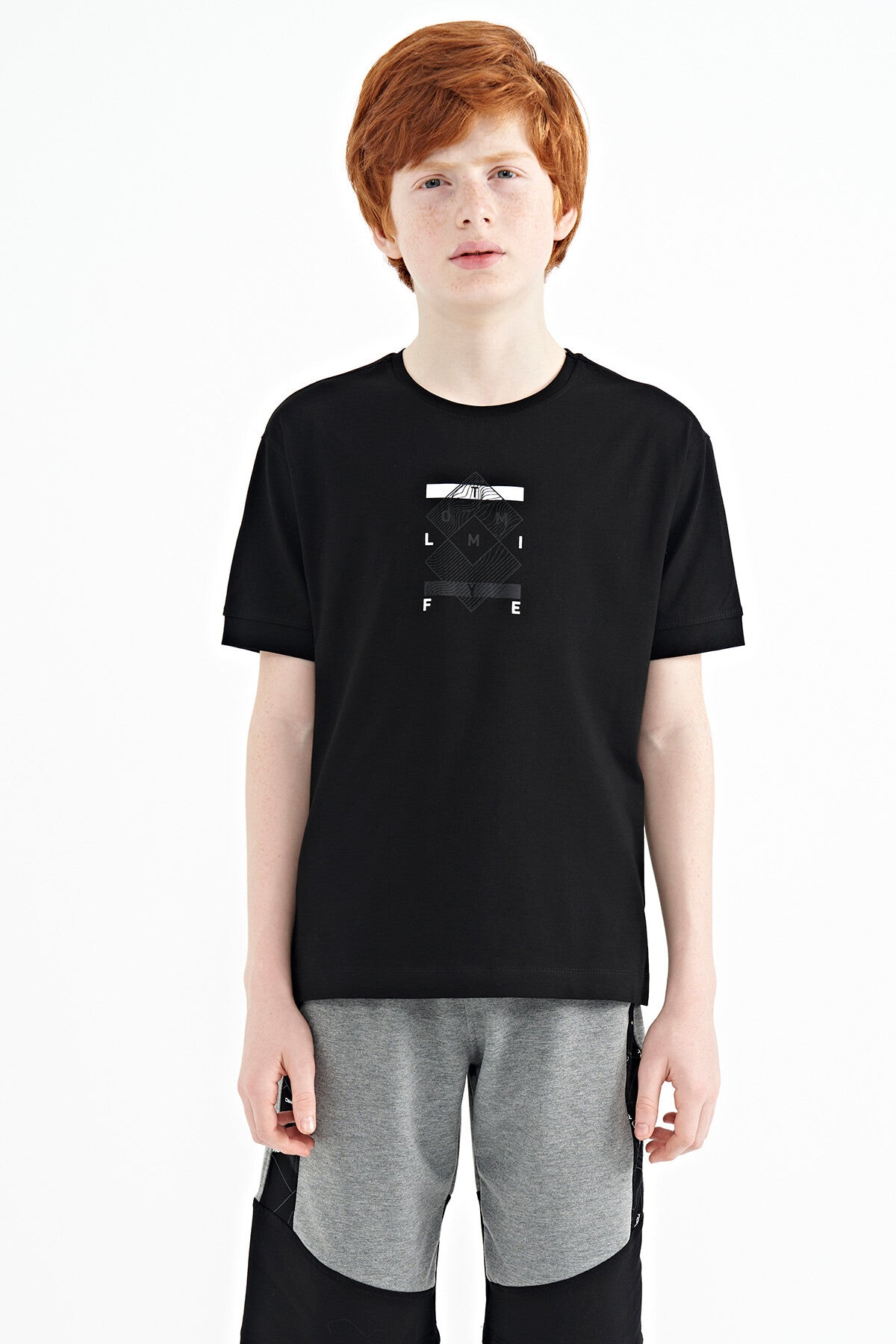 Black Detailed Printed Oversize Boys' T-Shirt - 11137