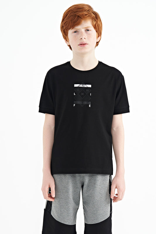 Black Detailed Printed Oversize Boys' T-Shirt - 11137