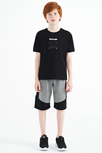 Black Detailed Printed Oversize Boys' T-Shirt - 11137