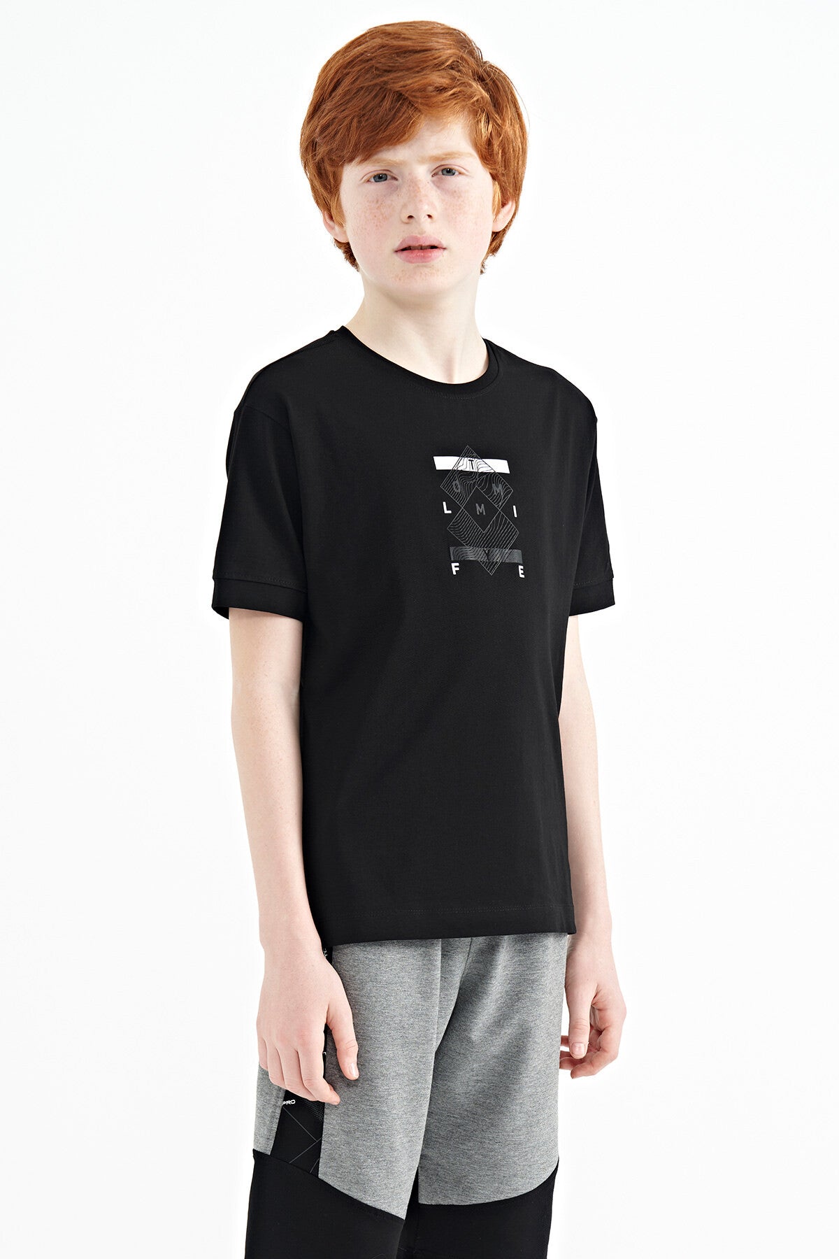 Black Detailed Printed Oversize Boys' T-Shirt - 11137
