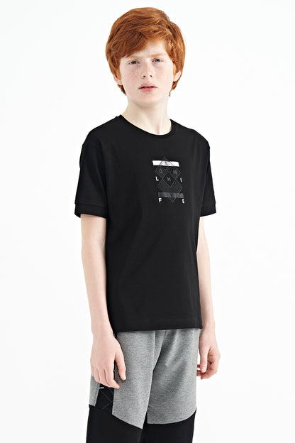 Black Detailed Printed Oversize Boys' T-Shirt - 11137